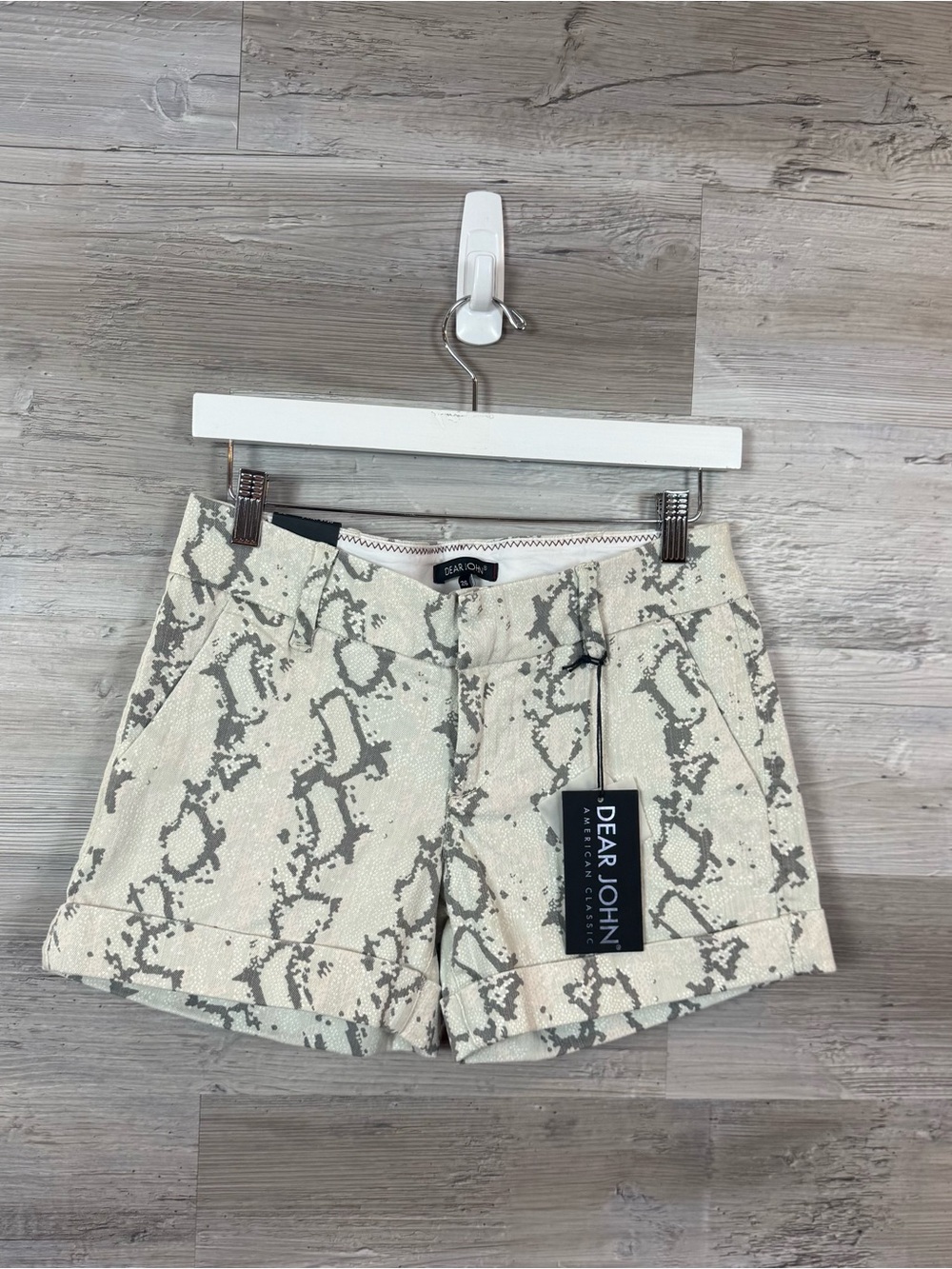 NWT Dear John Thistle Snake Print Cuffed Chino Shorts 26 Grey White Python